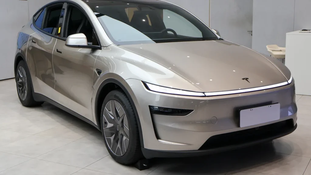 A silver Tesla Model Y L photographed indoors in Shanghai.