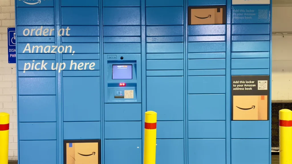 Amazon parcel lockers in Indooroopilly, Queensland, with "order at Amazon, pick up here" signage.