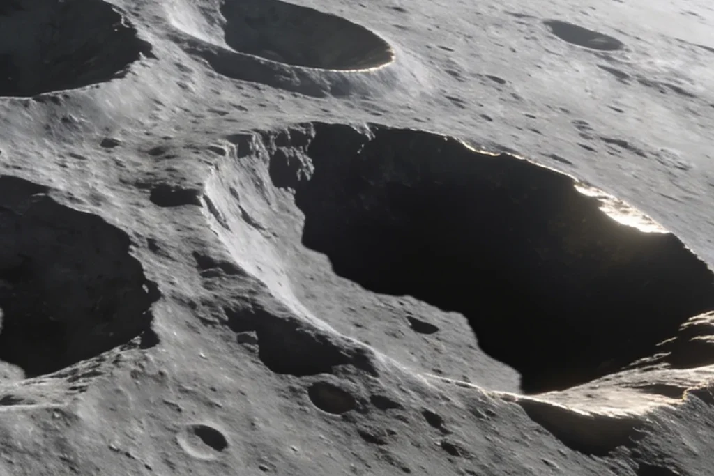 AI-generated illustration of the Moon's south polar region from orbit: grey cratered surface, sunlit rims, shadowed floors