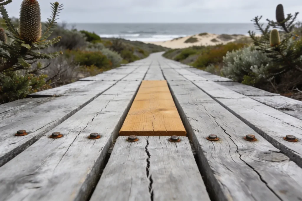 AI-generated illustration of a weathered timber boardwalk through coastal heath with one freshly replaced pale board