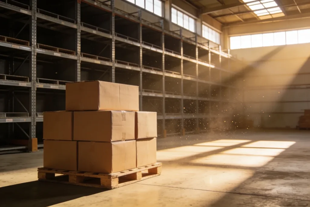 AI-generated illustration of plain brown cardboard cartons stacked on wooden pallets in a quiet warehouse with half-empty steel racking, lit by late-afternoon sun through high windows.
