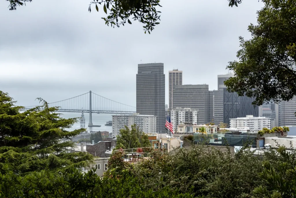 San Francisco Financial District towers and the Bay Bridge under a grey sky, framed by trees, with a US flag on a rooftop in the foreground.
